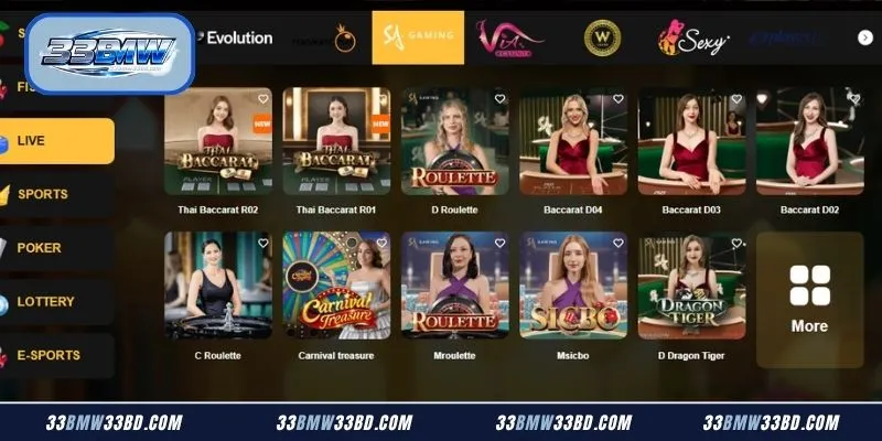 Highly synchronized streaming video layouts and responsive chip selection options within the premium 33BMW Live Casino hub