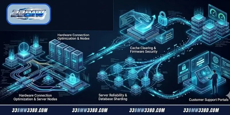 Technical hardware operations facility hosting international data center arrays for optimal network stability